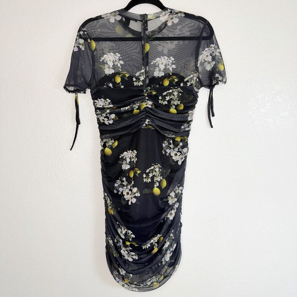 ALLSAINTS Giorgia Eugenia Mesh Ruched Mini Dress Sz 6 Black Floral Lemon Whimsy - Picture 4 of 10